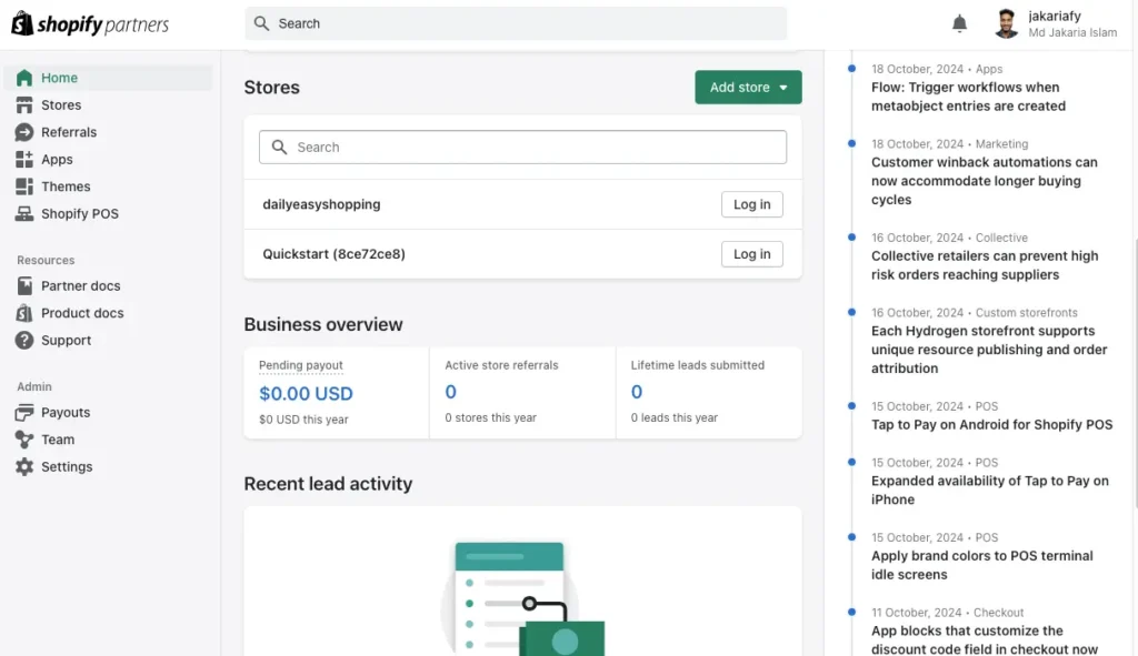 Shopify Partner Log in dashboard after logging in