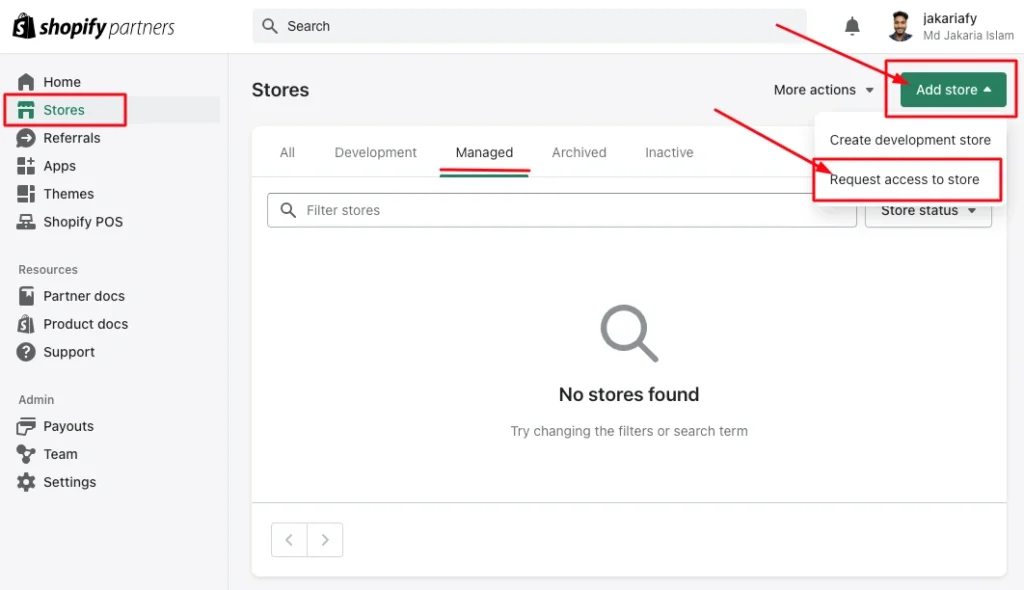 Add store on your Shopify Partner Dashboard