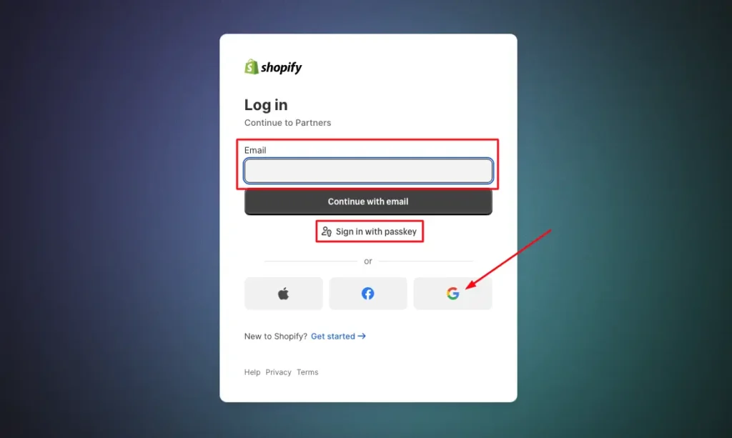 Enter email and password for Shopify Partner Login