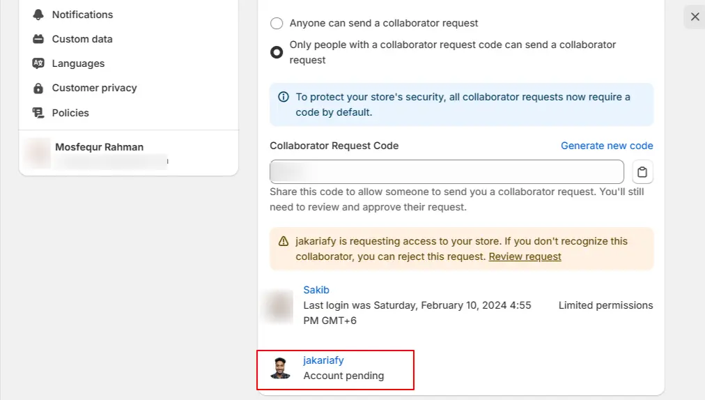 Pending collaborator account on your Shopify dashboard