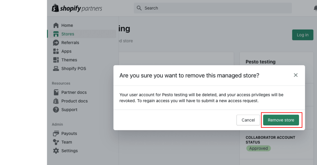 Remove button for removing the clients store from collaborator's shopify pertner dashboard