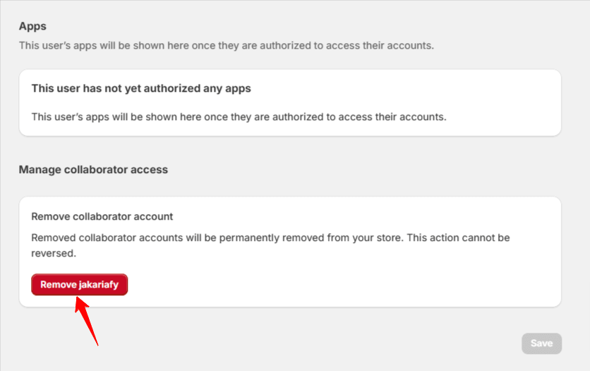 Remove button on Shopify dashboard to remove collaborator account