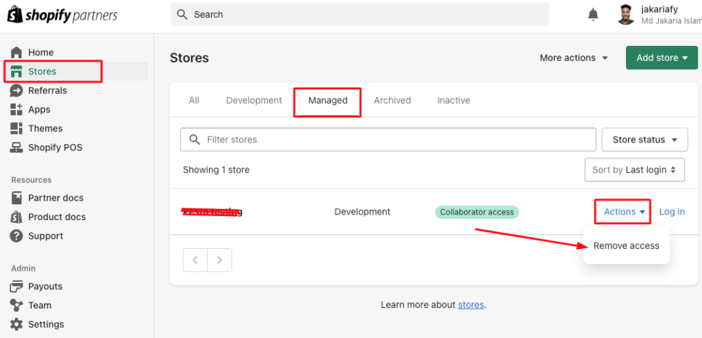 Remove the Shpify Store access from the collaborator account