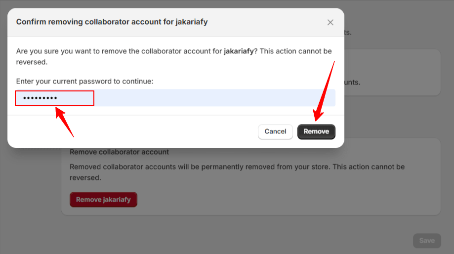 Provide the password and confirm removing the collaborator account from your dashboard