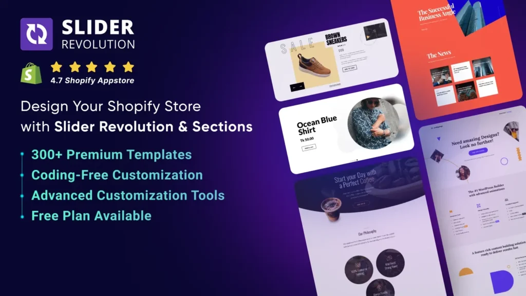 Slider Revolution and section app features and 300+ templates available at free plans