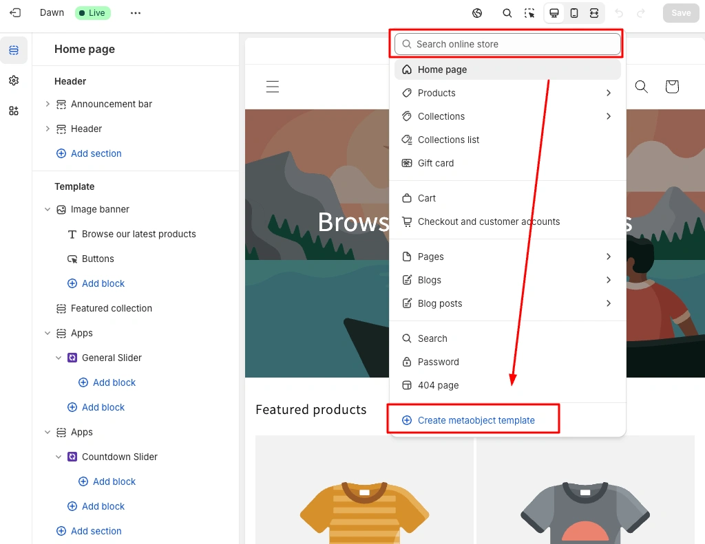 Create Template from top bar in Shopify Dashboard