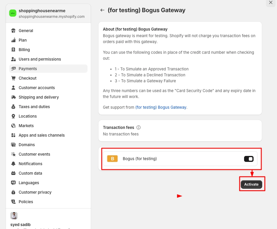 Activate Bogus Gateway