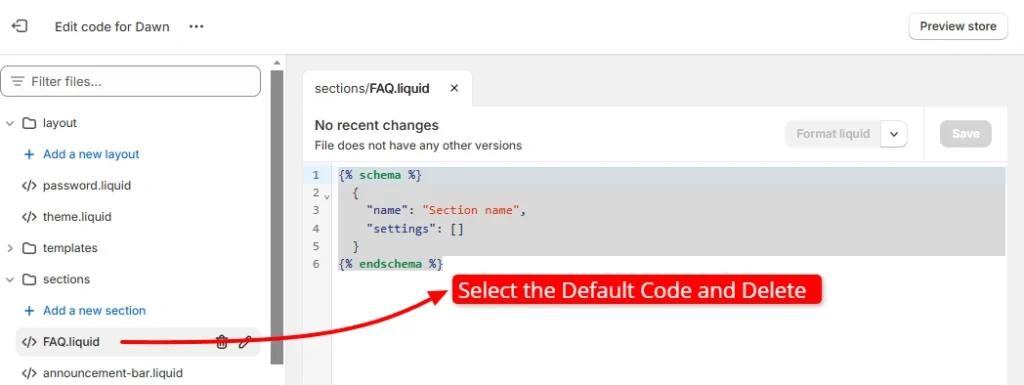 Delete Default Code