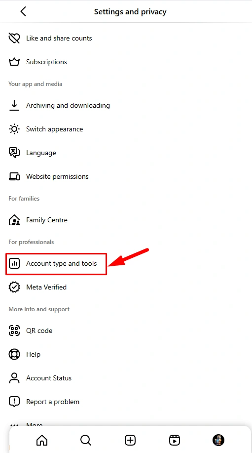 Settings-Account Type and Tools