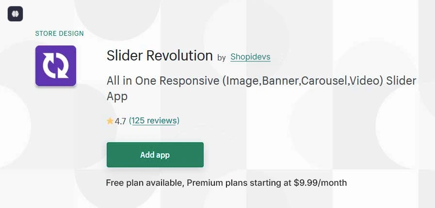 Slider Revolution App Rating on Shopify app store