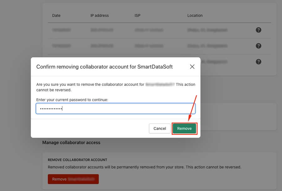 Shopify collaborator account remove password