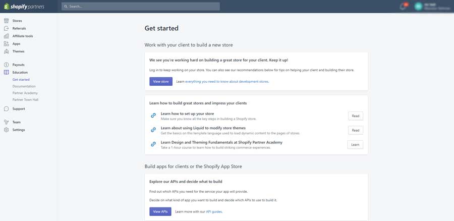 Shopify partner dashboard