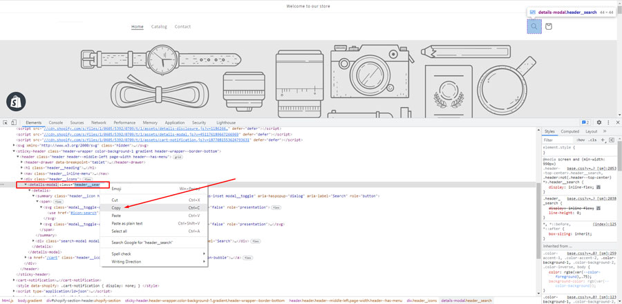 copy Shopify search icon elements
