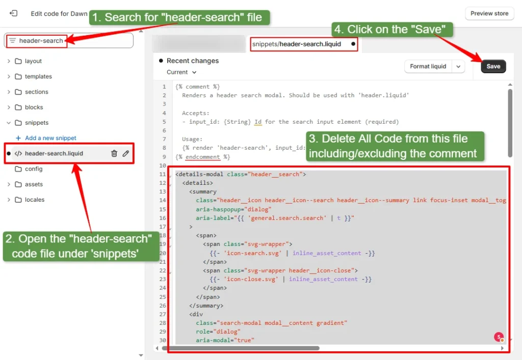 access to the responsible code for search icon and delete all code