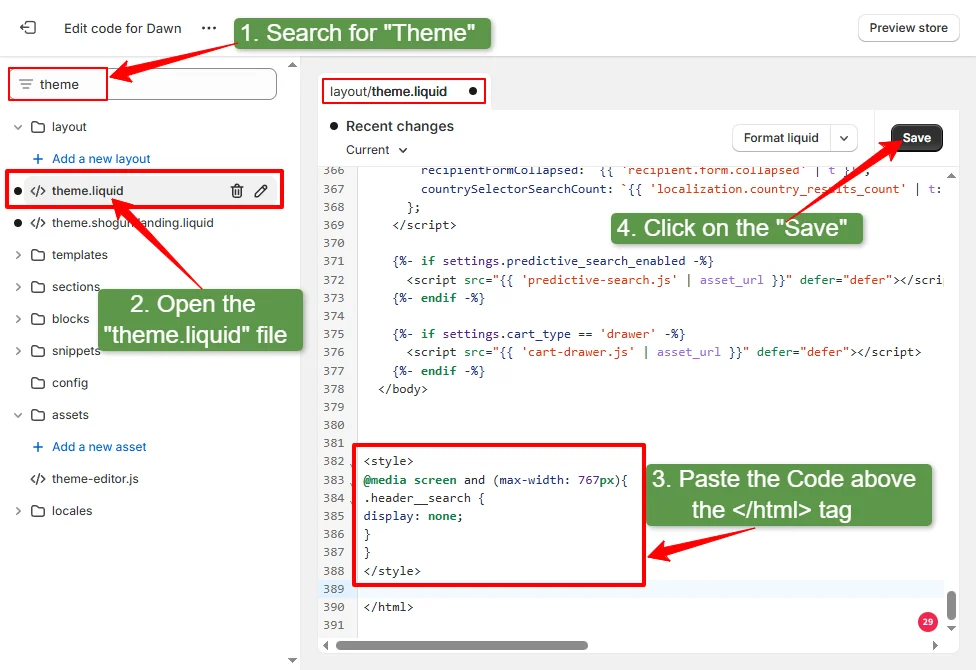 hide search icon on Shopify store from only mobile phone