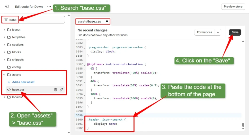 paste the css code at the bottom of the base css file and save