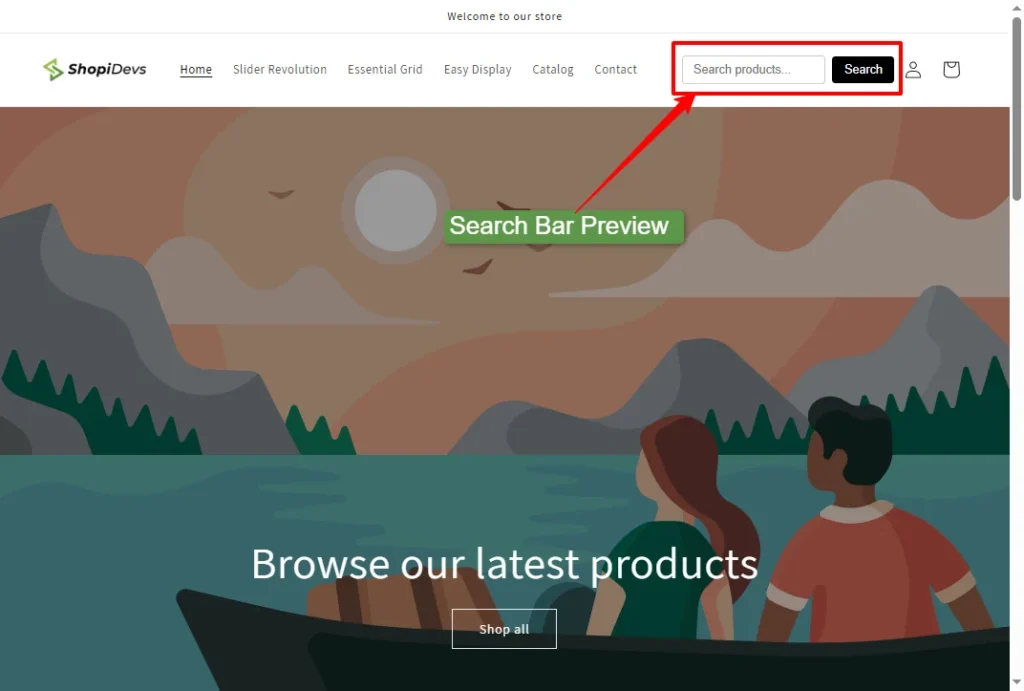 preview of search bar instead of search icon on shopify store