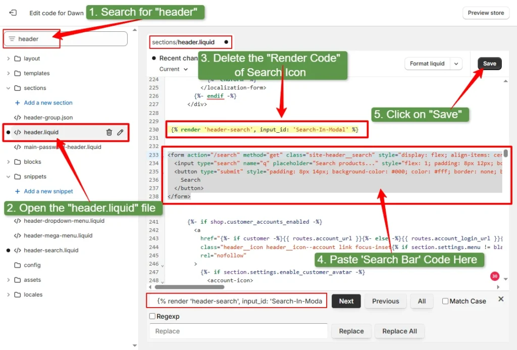 replace the search icon render code with the search bar code