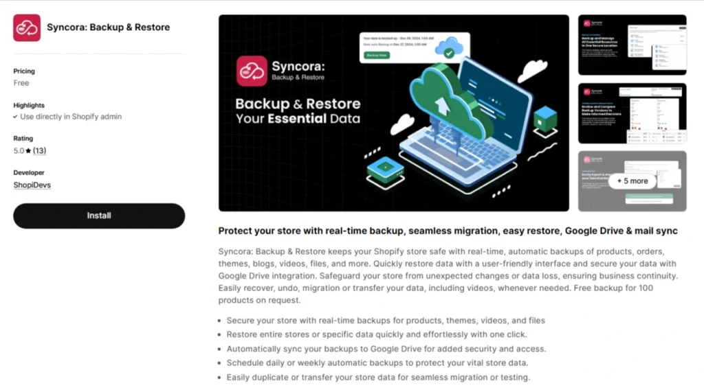 syncora backup and restore shopify app