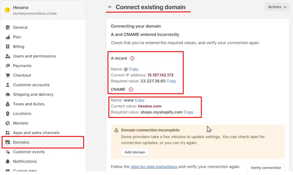 Check and Fix (Update) DNS Records for ssl pending shopify