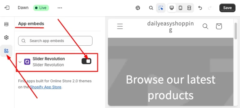 Activate the Slider Revolution App from App Embeds on Shopify Store