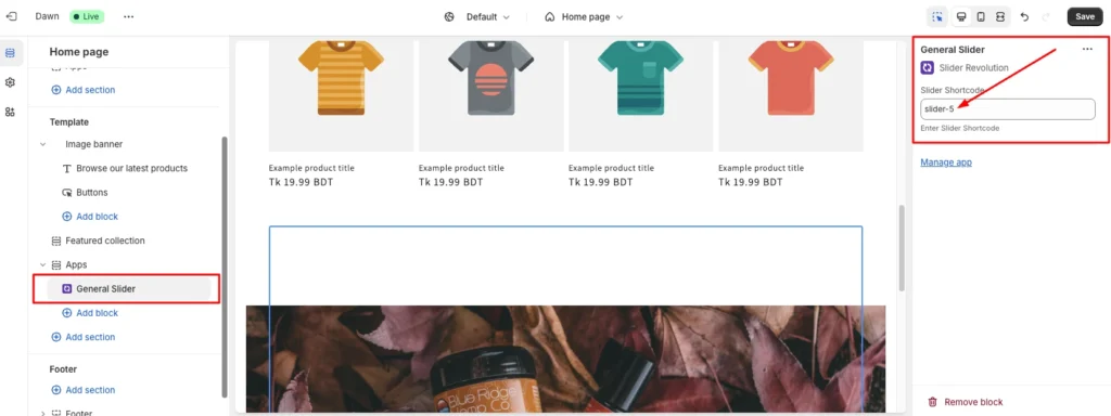 Paste the Shortcode of the Custom-Sized Banner Image for Shopify