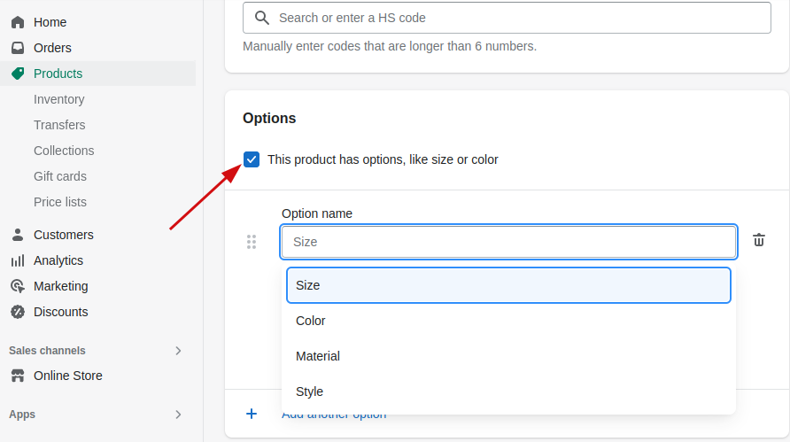 shopify option product