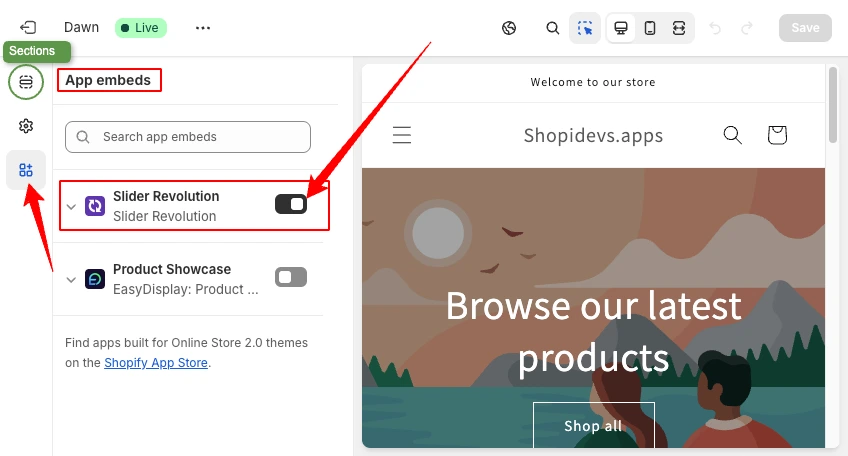 Activate the Slider Revolution & Section App on your store