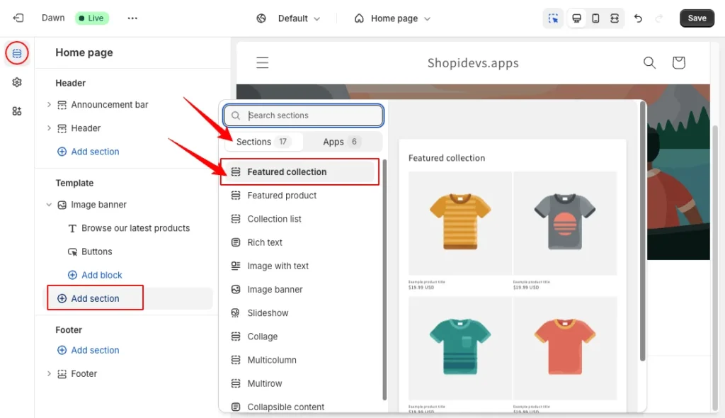 Add a 'Featured Collection' Section on Shopify store create carousels