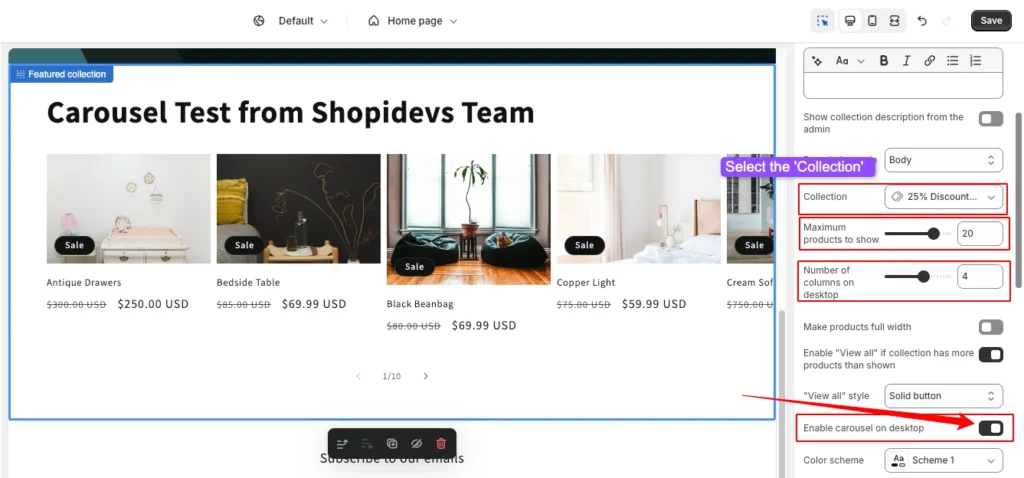 Select Products Collection & Enable the Carousel option