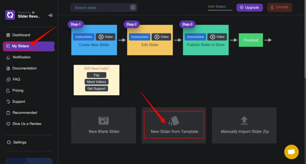 Open the Slider Revolution dashboard then click on the New Slider From Template Option to choose a template