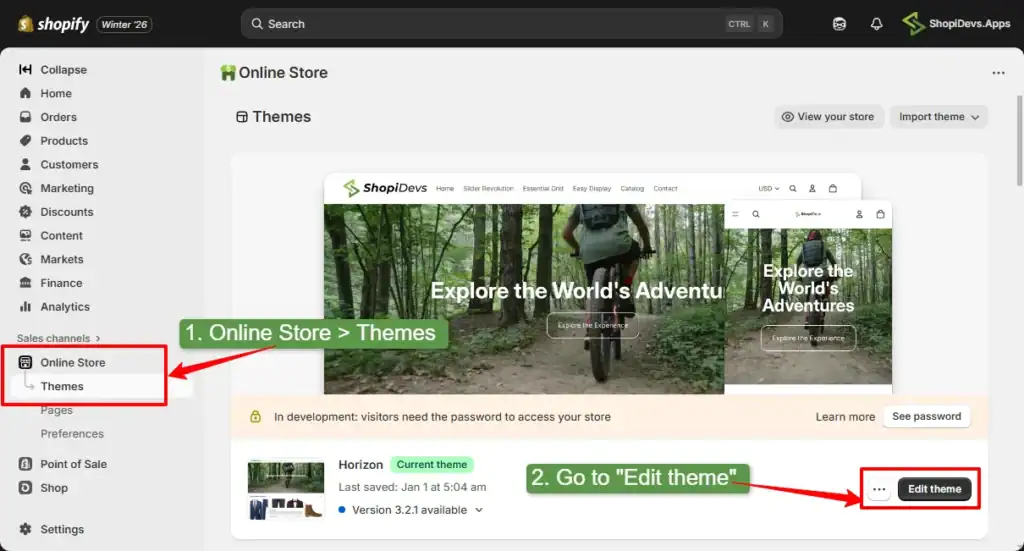 go to theme editor from the online store