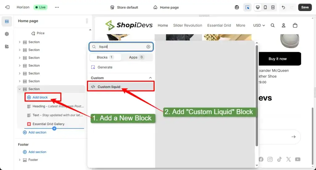 how to add a custom liquid block in shopify