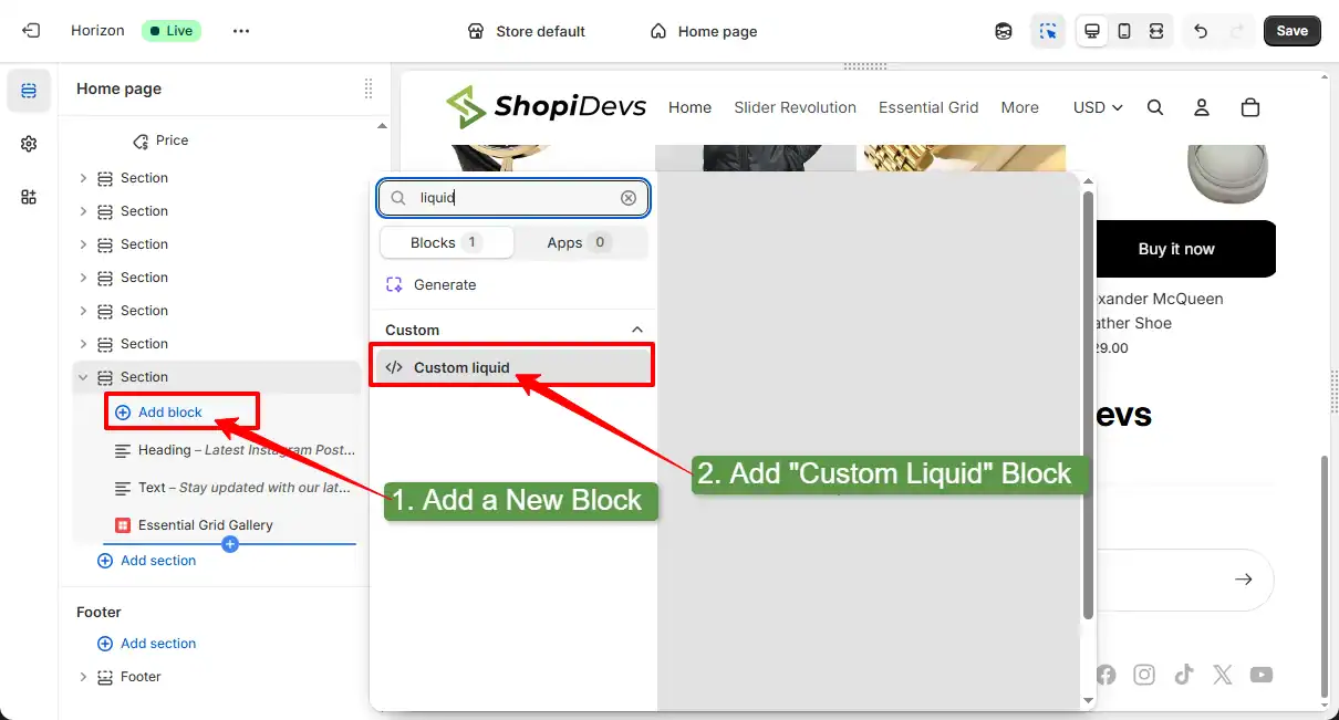 how to add a custom liquid block in shopify