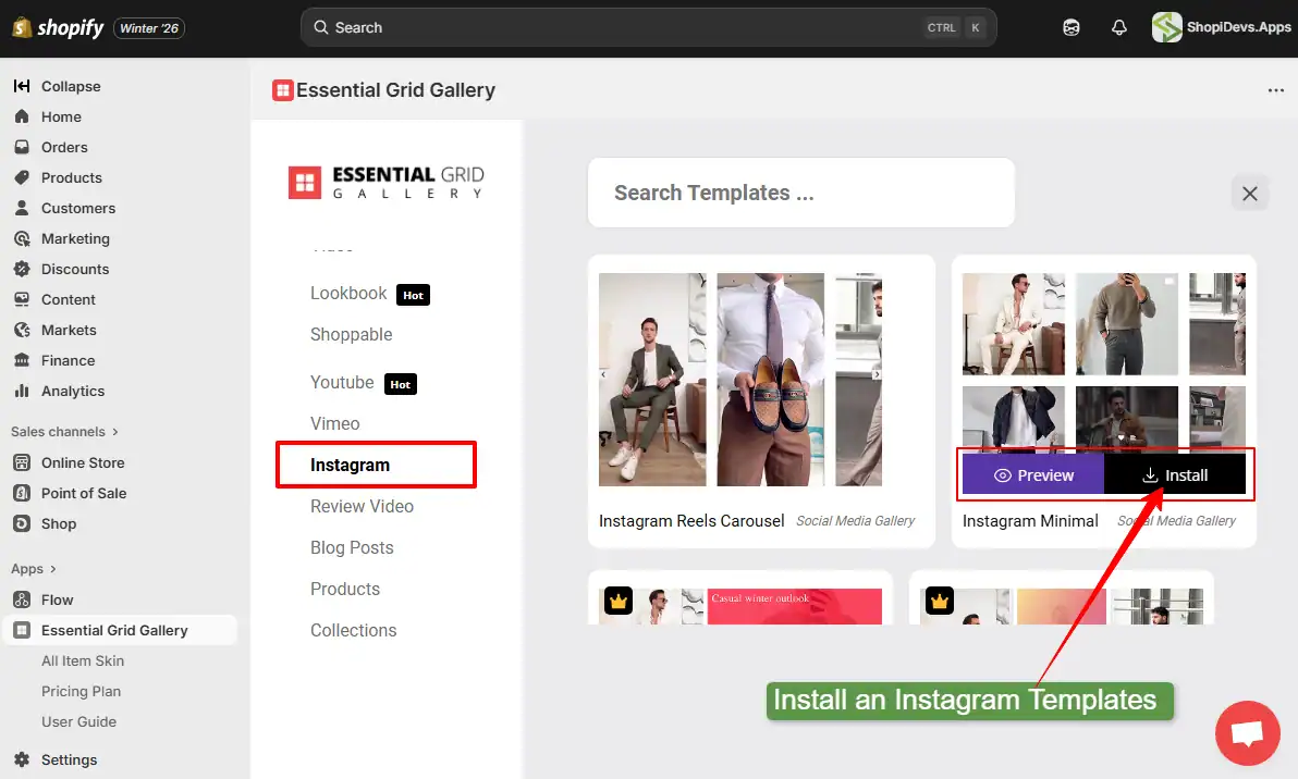 install an instagram feed gallery template to your shopify store