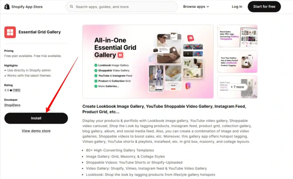 install essential grid gallery app for instagram feed integration