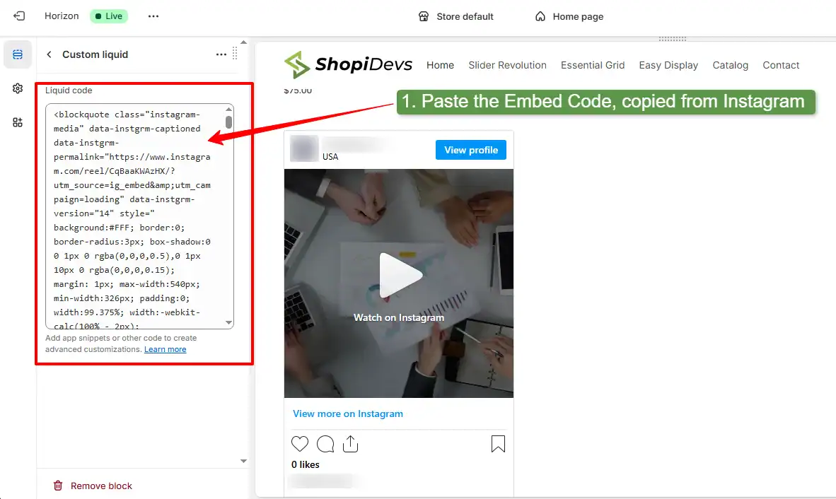paste the embed code you have copied from the instagram post