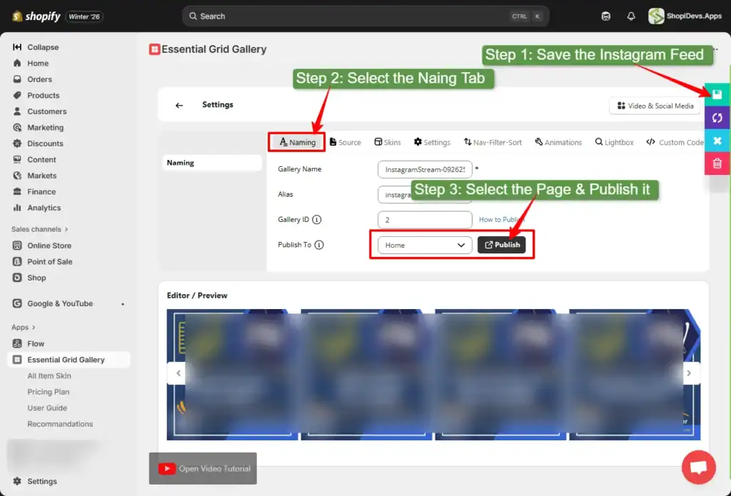 save the instagram gallery then select the store page and publish