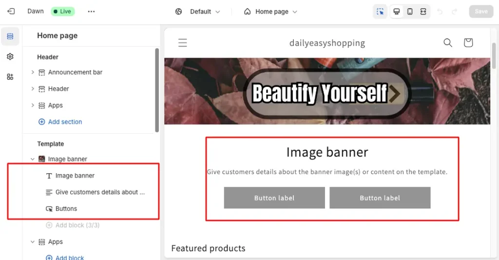 Delete existing image banner, headings, and buttons from the Shopify store