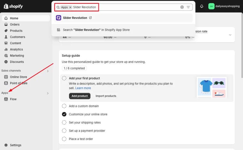 Search Slider Revolution app from the Shopify Appstore after logging in on the dashboard