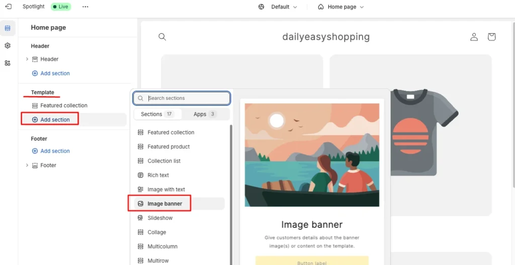 add banner image section on your Shopify theme from the theme editor