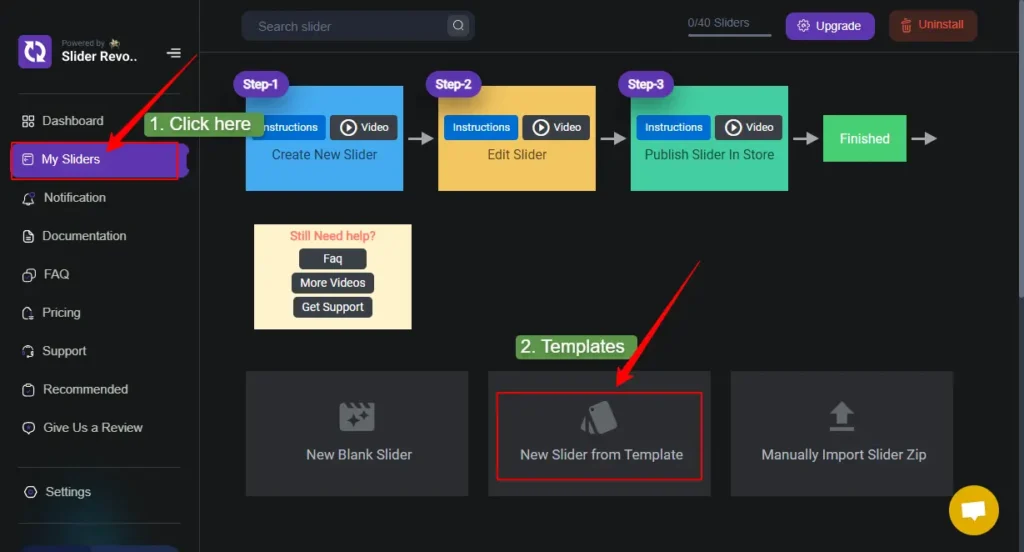 Create templates from templates at the my slider options