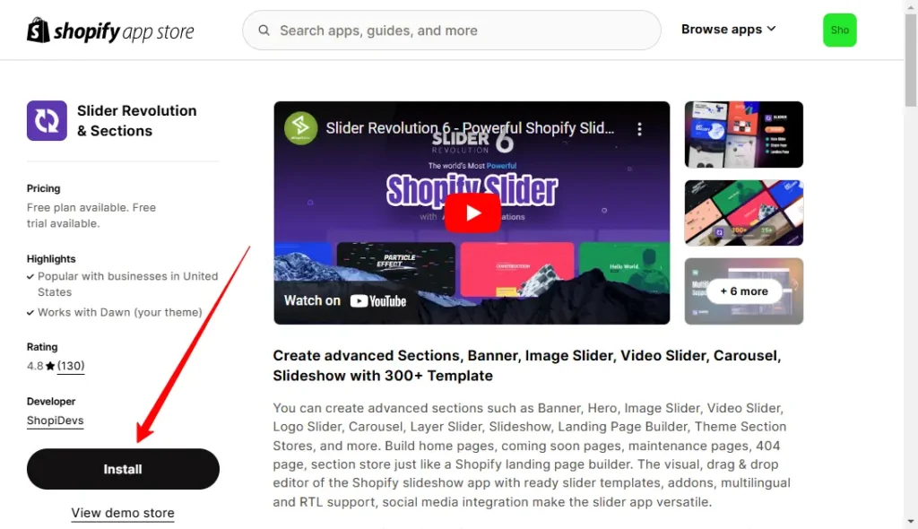 Install button to install the Slider Revolution App from the Shopify App store