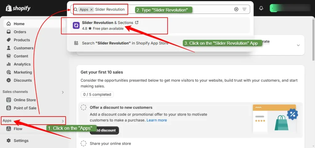 Search for Slider Revolution App from the search bar on Shopify store dashboard