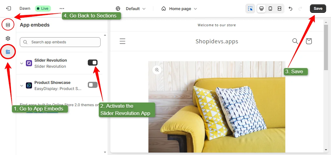 activate the slider revolution app from the Shopify store