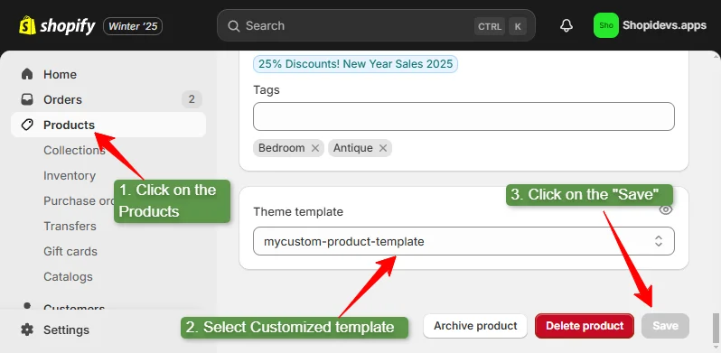 assign products to the customized templates