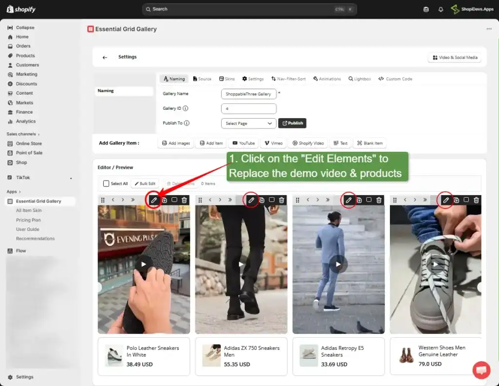 click on the edit elements to replace the video and products
