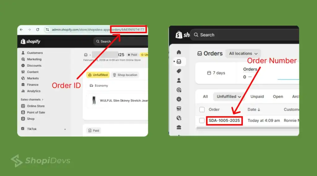 difference between shopify order number and order id