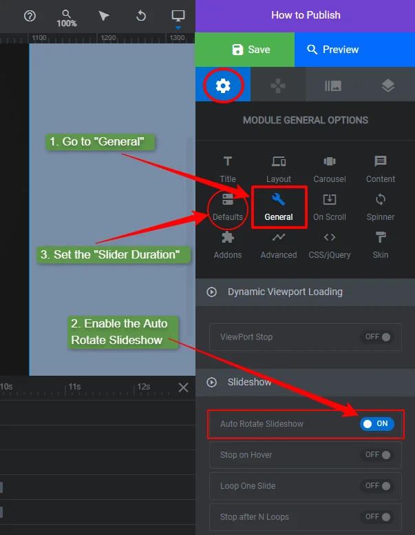 enable the auto rotate slideshow and set the slider duration