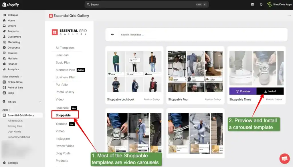 install a video carousel template for shopify store